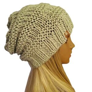 Handmade Tea Green Slouchy Knit Beanie — Soft Cozy Stylish‎ Winter Hat